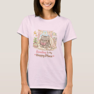 Reading is My Happy Place Cute Kitty Cat Pink T-Shirt