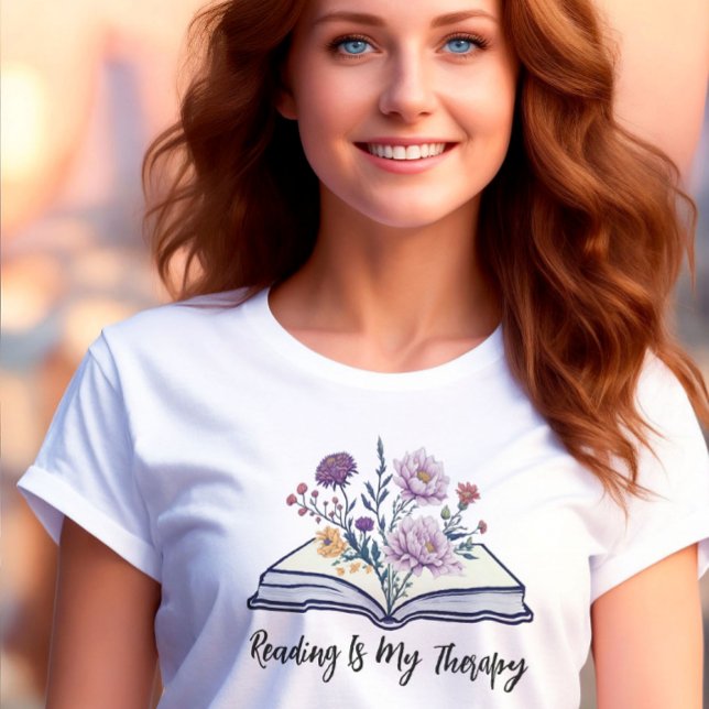 Reading Is My Therapy, Boho Wildflower and Book T-Shirt (Creator Uploaded)