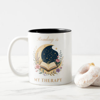 Reading is My Therapy Celestial Moon & Stars Book Two-Tone Coffee Mug
