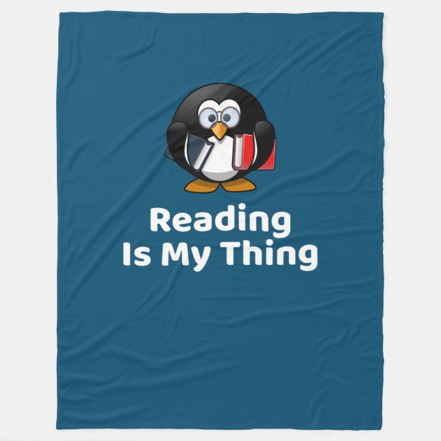 Reading Is My Thing Penguin Funny Reading Fleece Blanket (Front)
