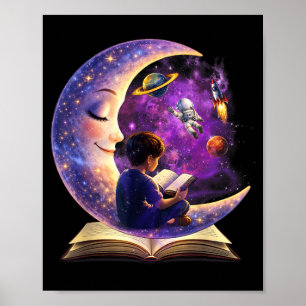 Reading is out of this world moon reading book poster