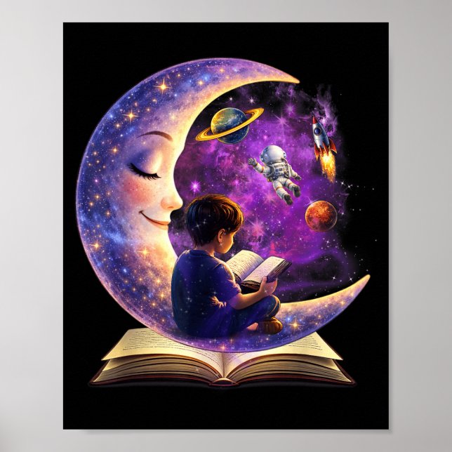 Reading is out of this world moon reading book poster (Front)
