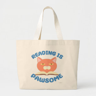 Reading is Pawsome Funny Book Fun Toon Kitty Large Tote Bag