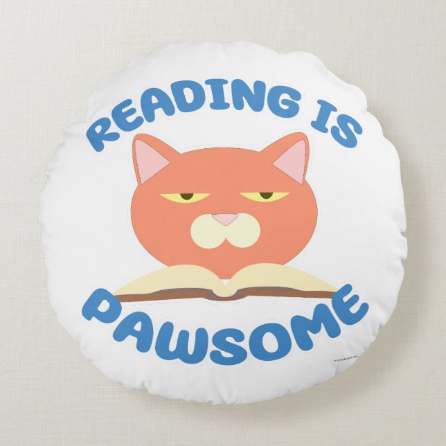 Reading is Pawsome Funny Book Fun Toon Kitty Round Cushion (Front)