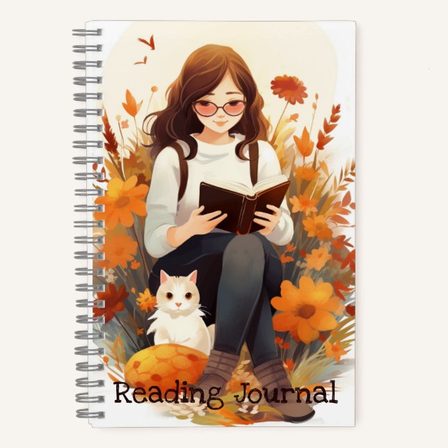 Reading journal Cute girl w/ book and cat Autumn (Front)
