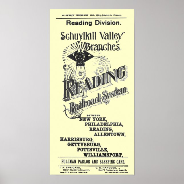 Reading Railroad System Timetable Cover 1894 Poster (Front)