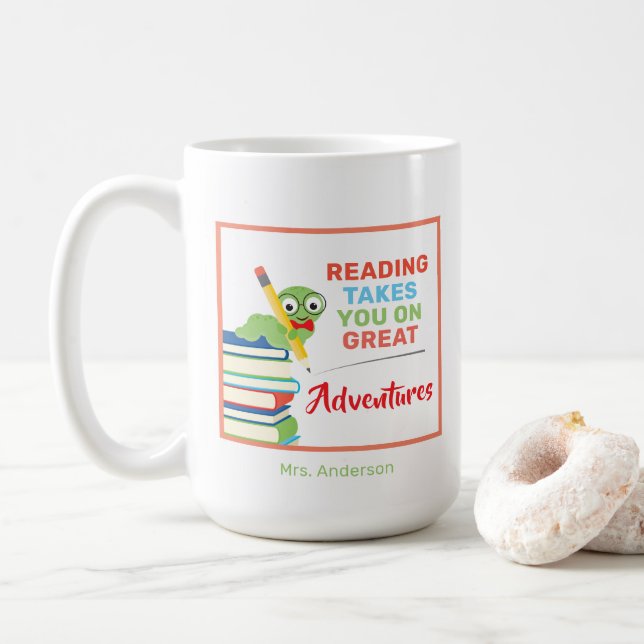 Reading Takes You on Great Aventures Bookworm Coffee Mug (With Donut)