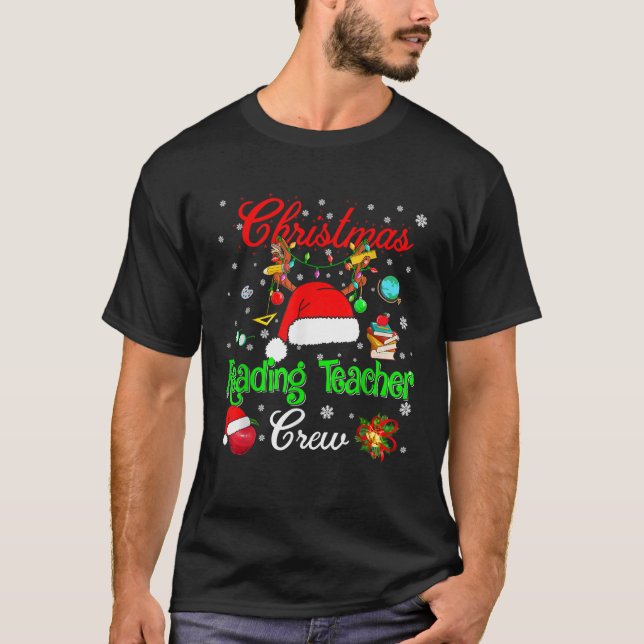 Reading Teacher Crew Christmas Santa Hat Reindeer  T-Shirt (Front)