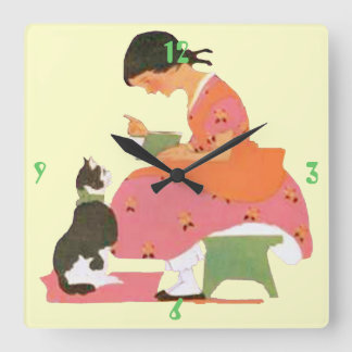 READING TO KITTY SQUARE WALL CLOCK