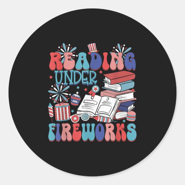 Reading Under Fireworks Independence Day Librarian Classic Round Sticker (Front)