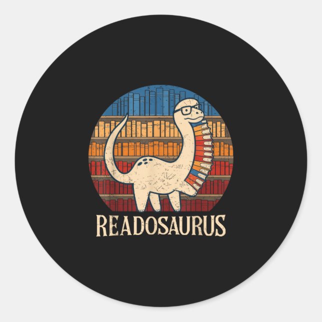 Readosaurus retro sunset funny dinosaur reading classic round sticker (Front)