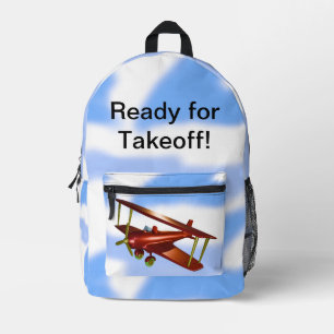 Ready for Takeoff Red Bi-plane at Base Printed Backpack