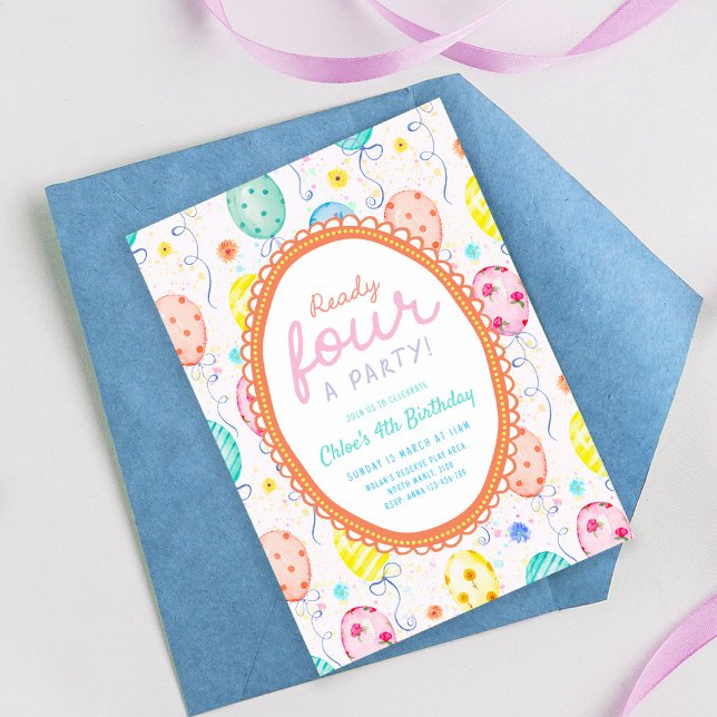 Ready Four A Party Colorful Balloon 4th Birthday Invitation (Creator Uploaded)