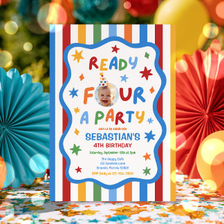 Ready Four A Party Colourful Boy 4th Birthday Invitation