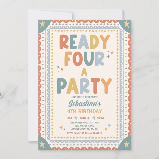 Ready Four A Party Whimsical Boy 4th Birthday Invitation (Front)