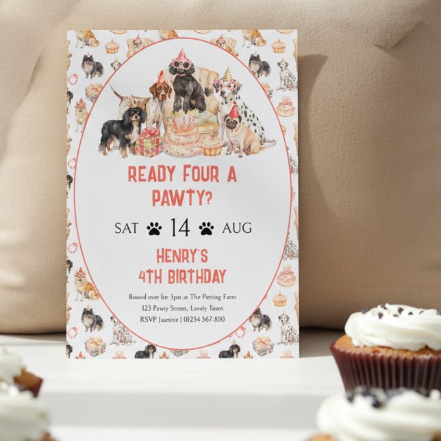 Ready Four a Pawty Neutral Dog 4th Birthday Invitation (Ready Four a Pawty dog themed 4th birthday party invitation)