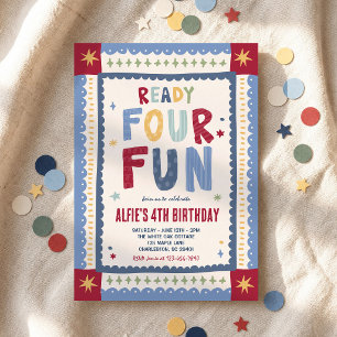 Ready Four Fun Whimsical Boy 4th Birthday Party Invitation