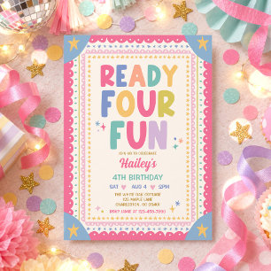 Ready Four Fun Whimsical Girl 4th Birthday Party Invitation