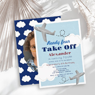 Ready Four Take Off Aeroplane Photo 4th Birthday  Invitation