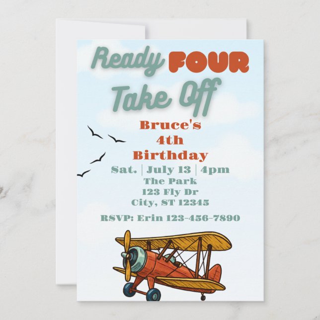 Ready FOUR Take Off, airplane 4th Birthday Invitation (Front)