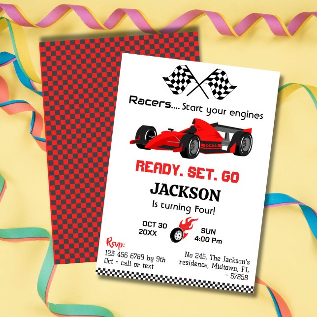 Ready set go red racing car modern 4th birthday invitation (READY SET GO 4th birthday invitation )