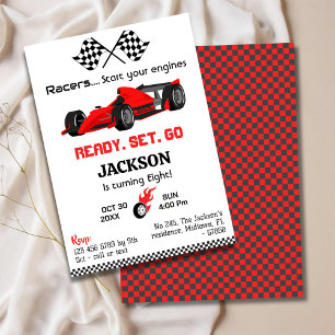 Ready set go red racing car modern 8th birthday invitation