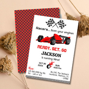 Ready set go red racing car modern 9th birthday invitation