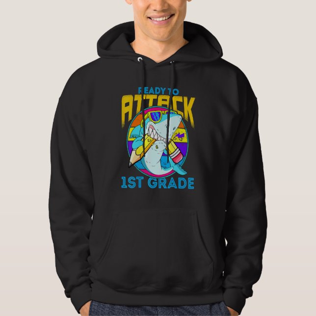 Ready To Attack 1st Grade Shark Back To School Boy Hoodie (Front)