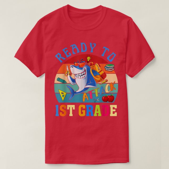 Ready To Attack 1st Grade Shark Back to School Boy T-Shirt (Design Front)
