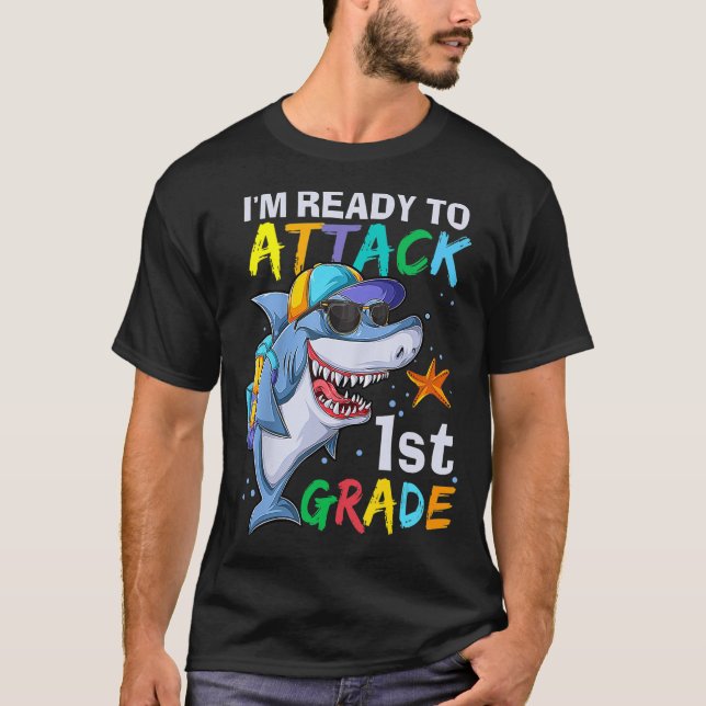 Ready To Attack 1st Grade Shark Back To School Sea T-Shirt (Front)