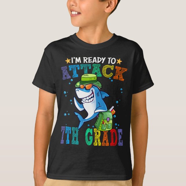 Ready To Attack 7th Grade Shark Back School  T-Shirt (Front)