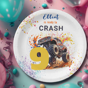 Ready to crash monster truck birthday paper plate