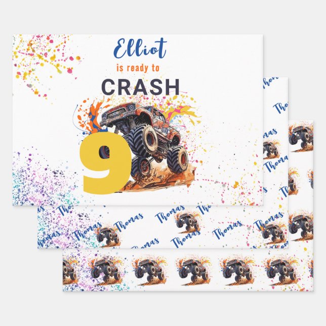 Ready to crash monster truck birthday wrapping paper sheet (Set)