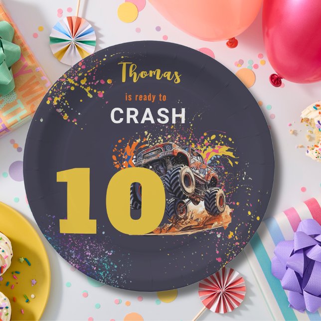Ready to crash monster truck dark birthday paper plate (Creator Uploaded)