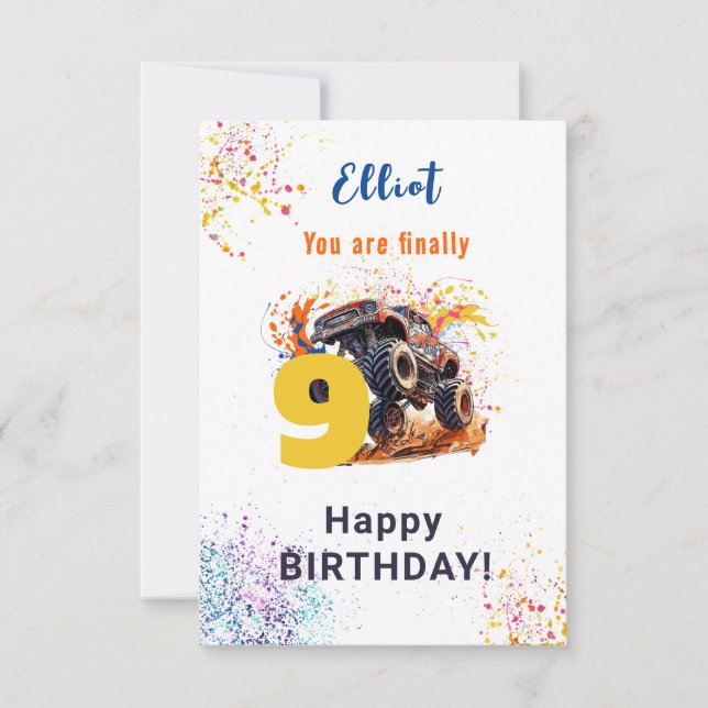 Ready to crash monster truck happy birthday card (Front)