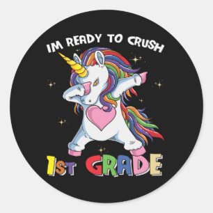 Ready to Crush 1st Grade Cute Unicorn School Kids Classic Round Sticker