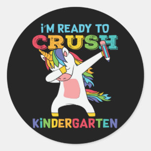 Ready to Crush Kindergarten Cute Unicorn School Classic Round Sticker