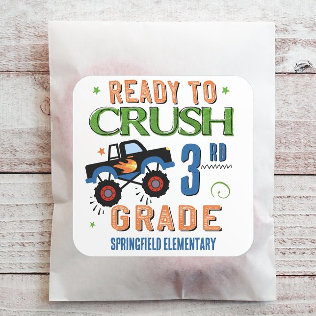 Ready to Crush Third Grade School Square Sticker (Customize this back to school sticker with your grade level and school or teacher name.)