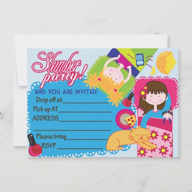 Ready to fill Slumber girls sleepover party invite (Front)