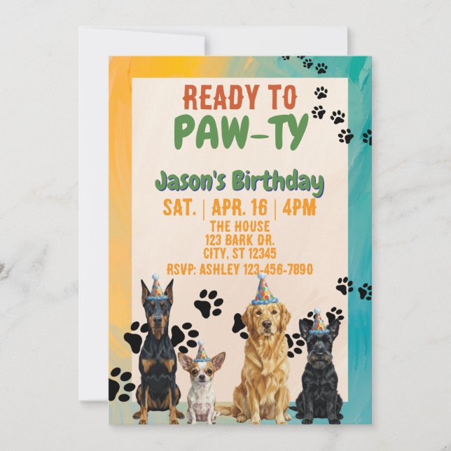Ready to PAW-TY, party dogs, birthday Invitation (Front)