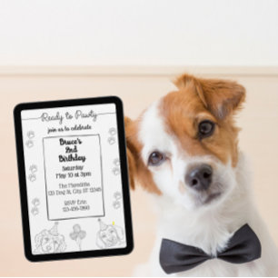 Ready to Pawty, Black Line Dog Birthday Invitation