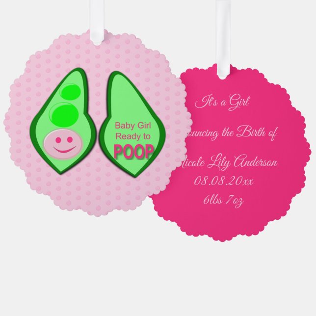 Ready to Poop Baby Girl Pink Pea Custom Tree Decoration Card (Front/Back)