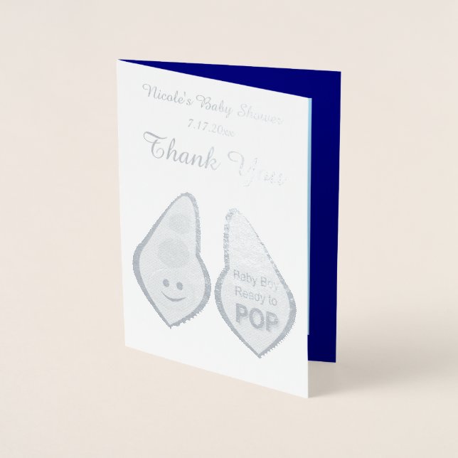 Ready to Pop Baby Boy Blue Pea Baby Shower Custom Foil Card (Front)