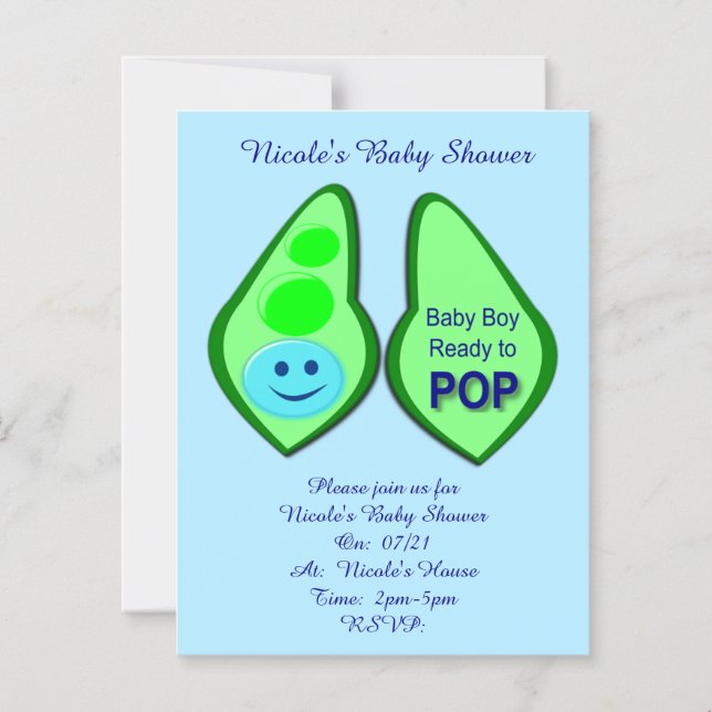 Ready to Pop Baby Boy Blue Pea Baby Shower Custom Magnetic Invitation (Front)