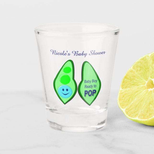 Ready to Pop Baby Boy Blue Pea Baby Shower Custom Shot Glass (Front)