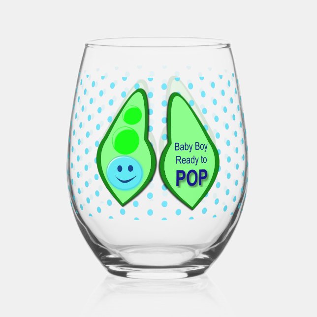 Ready to Pop Baby Boy Blue Pea Baby Shower Stemless Wine Glass (Front)