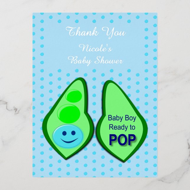 Ready to Pop Baby Boy Blue Pea Custom Foil Holiday Postcard (Front)