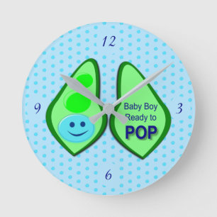 Ready to Pop Baby Boy Blue Pea Round Clock