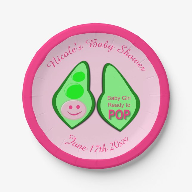 Ready to Pop Baby Girl Pink Pea Baby Shower Custom Paper Plate (Front)