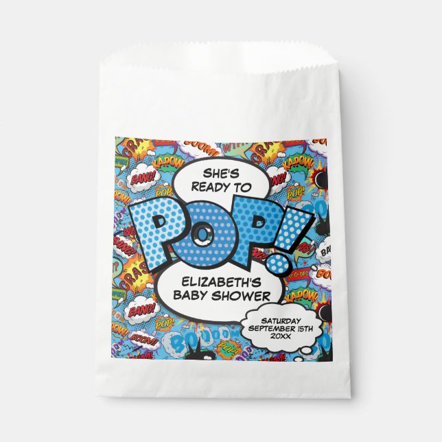 Ready to Pop Baby Shower Blue Comic Book Favour Bags (Front)